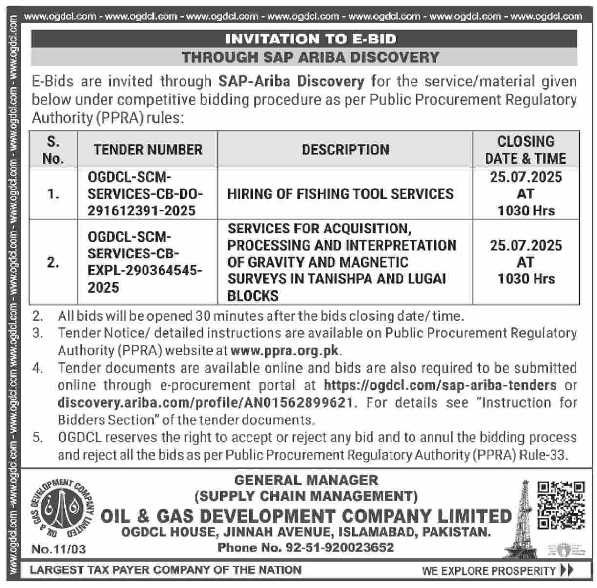 Oil & Gas Development Company Limited Islamabad Tender Notice